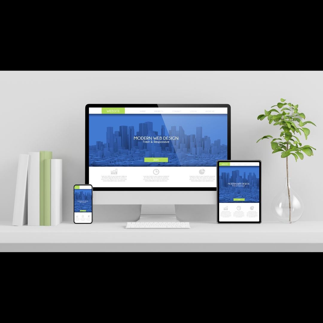 A smartphone, desktop and tablet displaying a website homepage. 